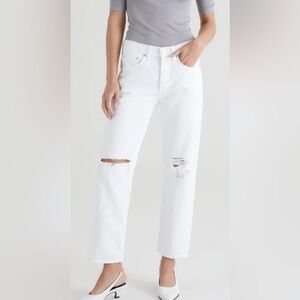 Anthropologie EdwinWomen's White Vintage Straight Jeans Distressed Raw Hem Sz 25